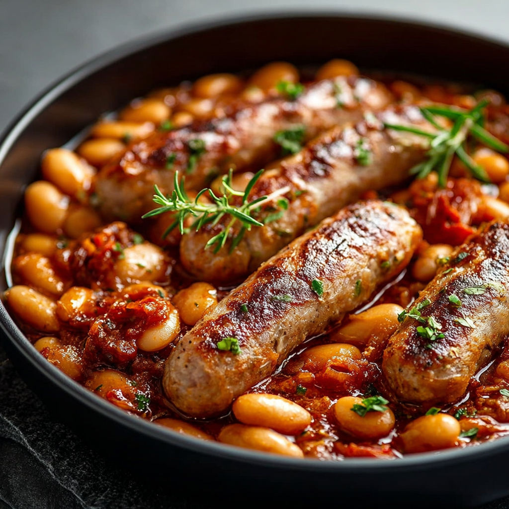 Une casserole de fagioli et de salsiccia, servie dans un bol noir.
