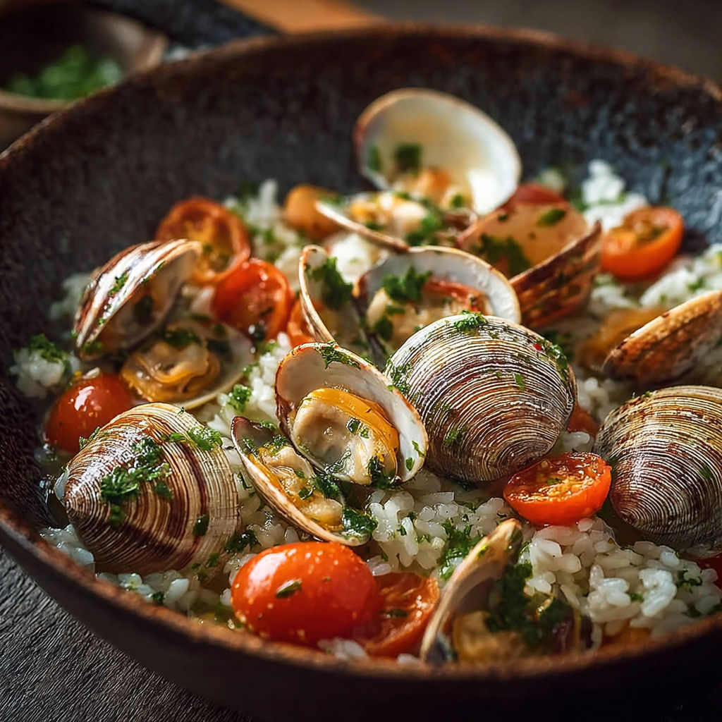 Un plat de fruits de mer et légumes, avec des tomates, des concombres, des moules et des oignons, est servie dans un bol en terre.