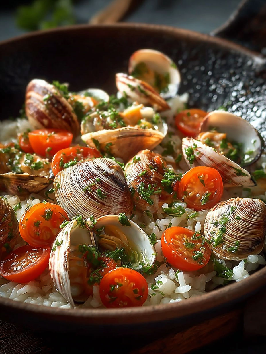 Une recette de risotto aux tomates et aux moules, avec des herbes fraîches pour une touche supplémentaire de saveur.