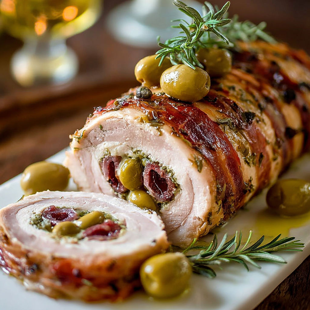 Un délicieux tacchino con olive verdi, accompagné d'une bouteille de vin, est servie sur un plateau.