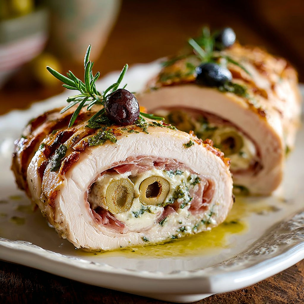 Une tranche de poulet farciée de olives et de herbes, accompagnée de sauce au pesto.