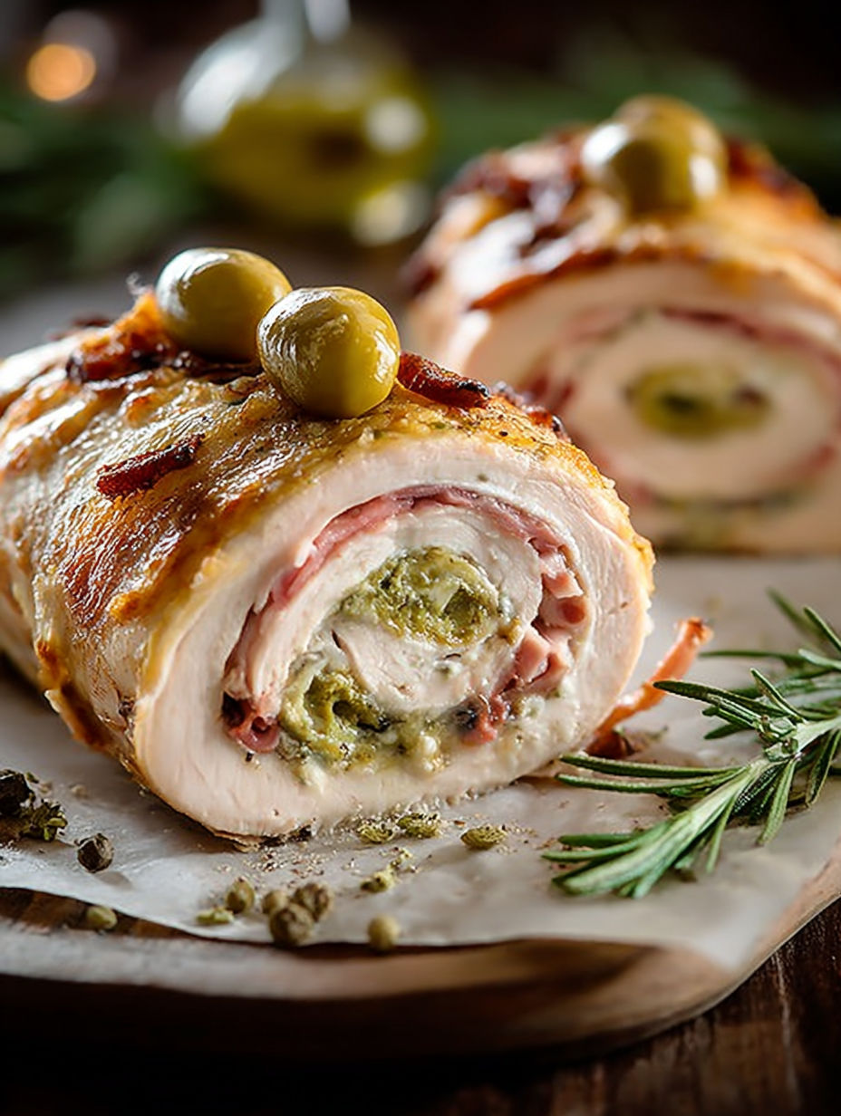 Une tranche de poulet enroulée avec des olives et des herbes, prête à être cuite.