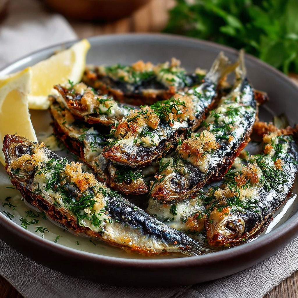 Une assiette de sardines sautees avec des herbes et des citrons.