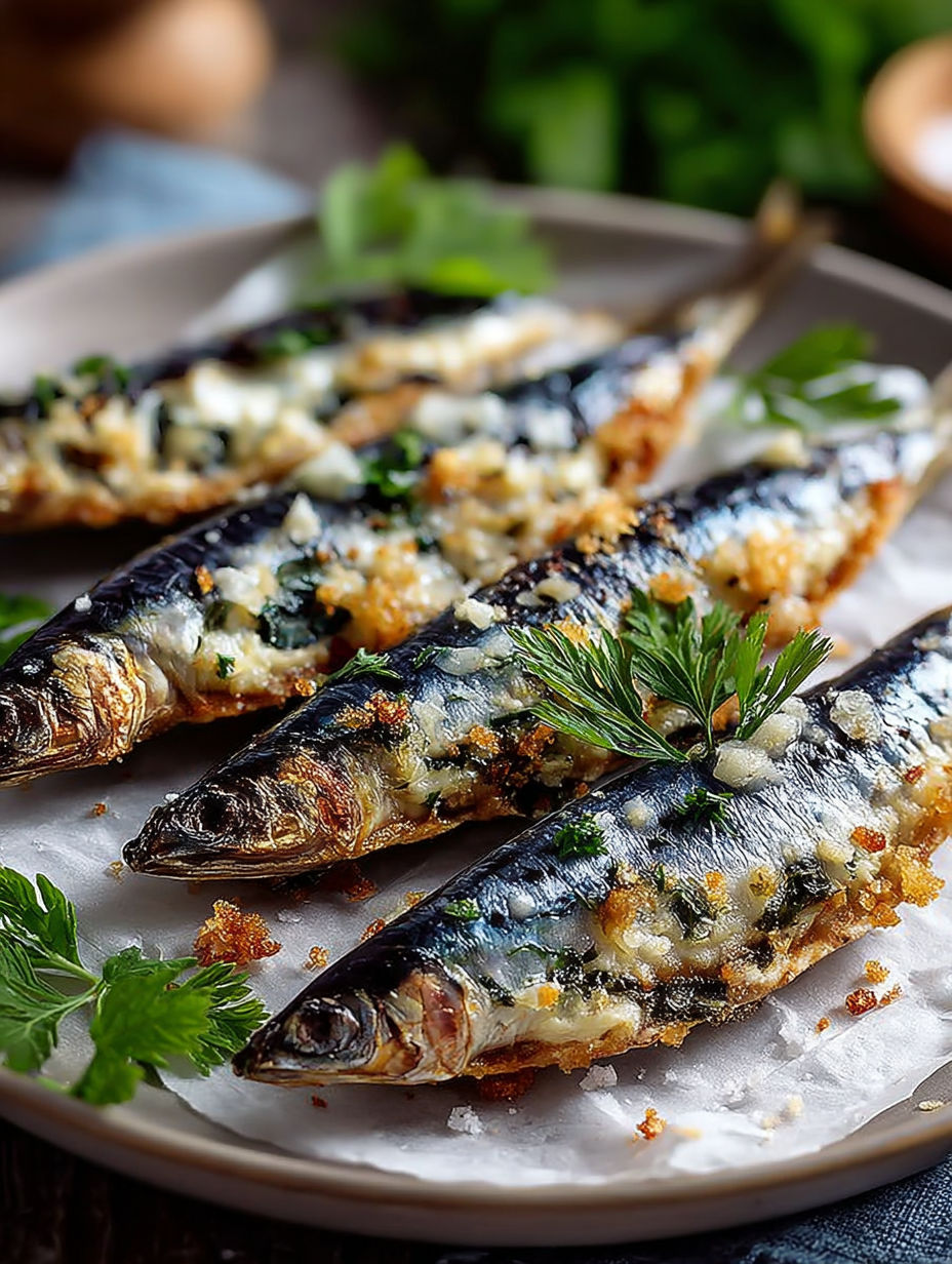 Les anchois fumés sont servis sur une assiette de carton avec des herbes fraîches.