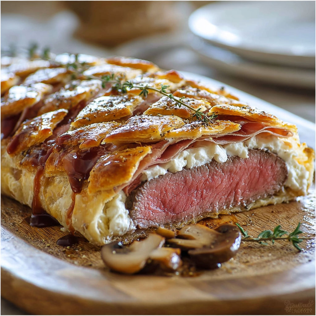 Une pâte de croissant est servie avec du manzo et des champignons.