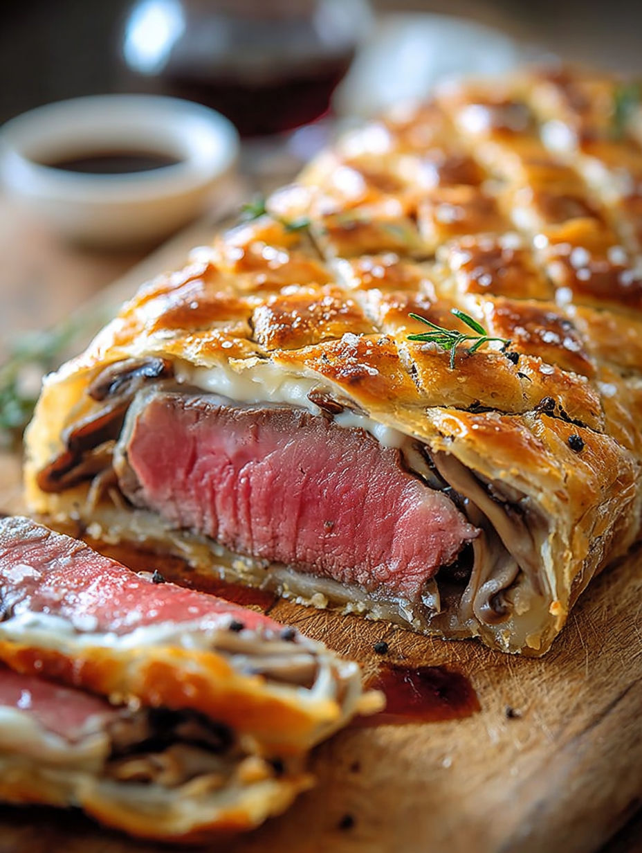 Un délicieux sandwich de boeuf farci, garnie de champignons et de sauce, est présenté sur une table.