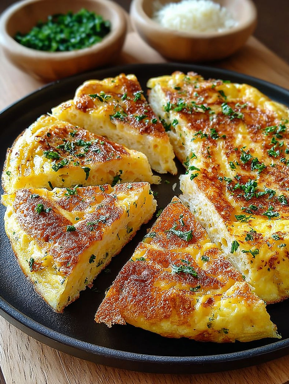 Une pizza frittata avec des herbes et des légumes.