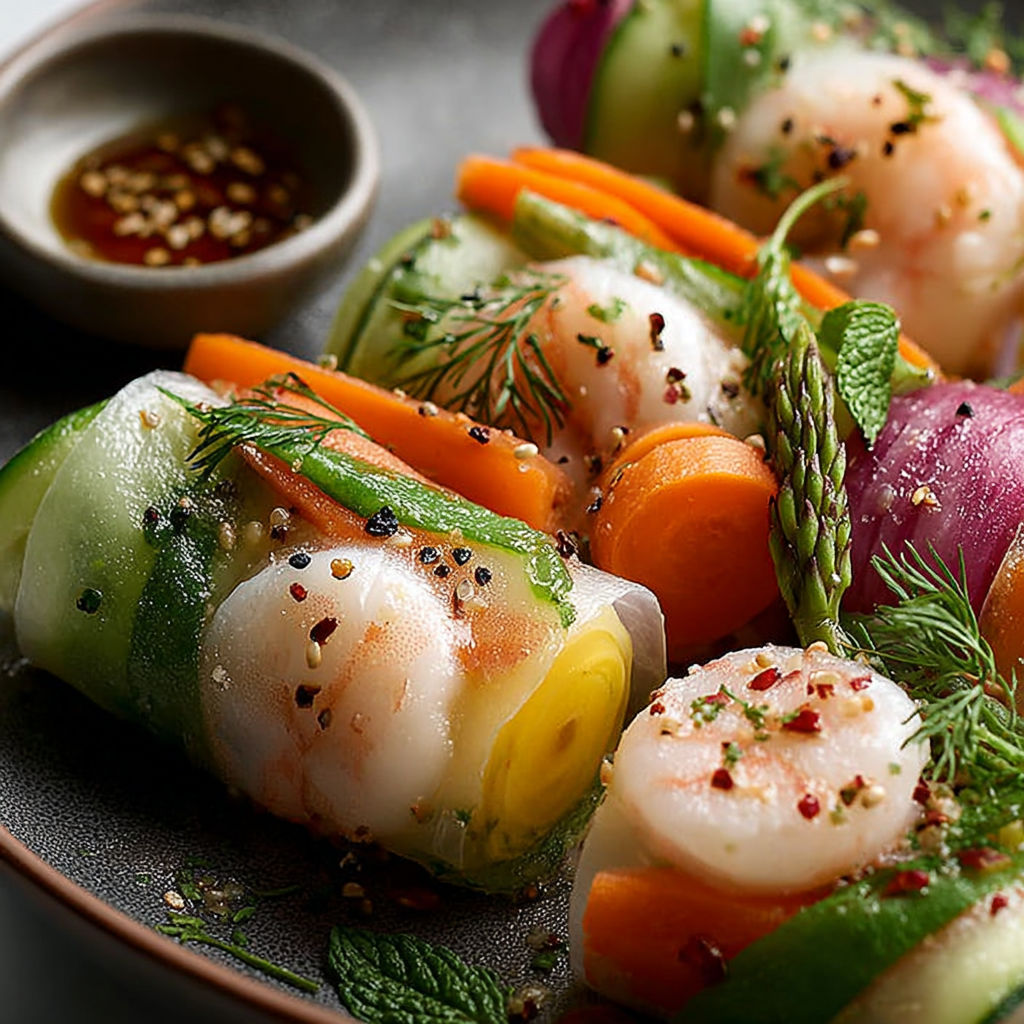 Une assiette de gamberi et de verdures fraîches, avec une sauce au curry.