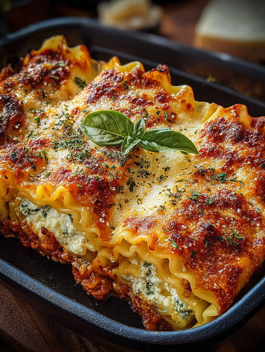 Une recette de lasagna maison, avec des feuilles de basilic et des herbes fraîches, est servie dans un plat noir.