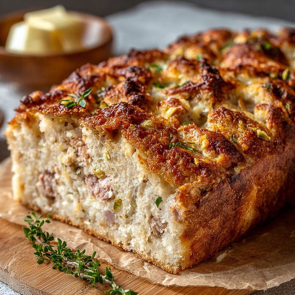 Une baguette de pain au levain avec des herbes fraîches sur un plateau.