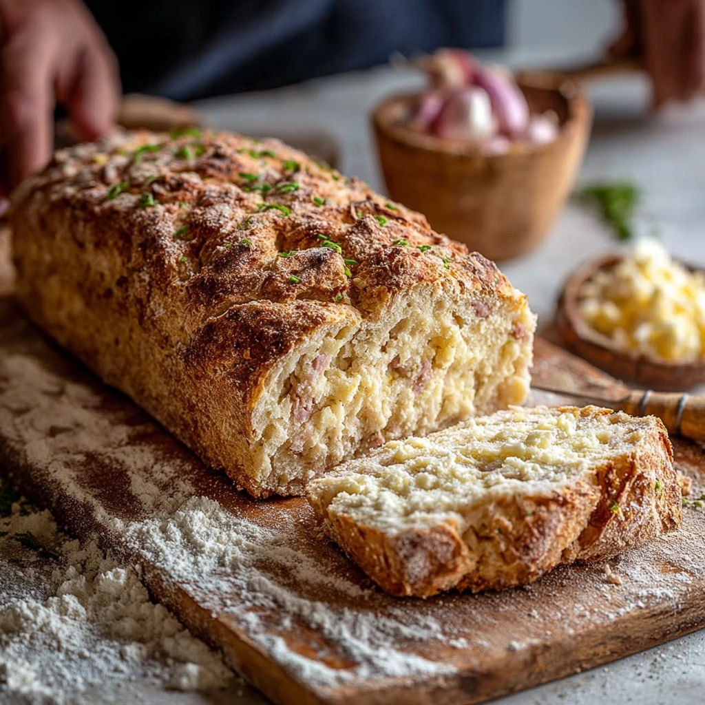 Une baguette de pain grillé avec des herbes sur un plateau de bois.