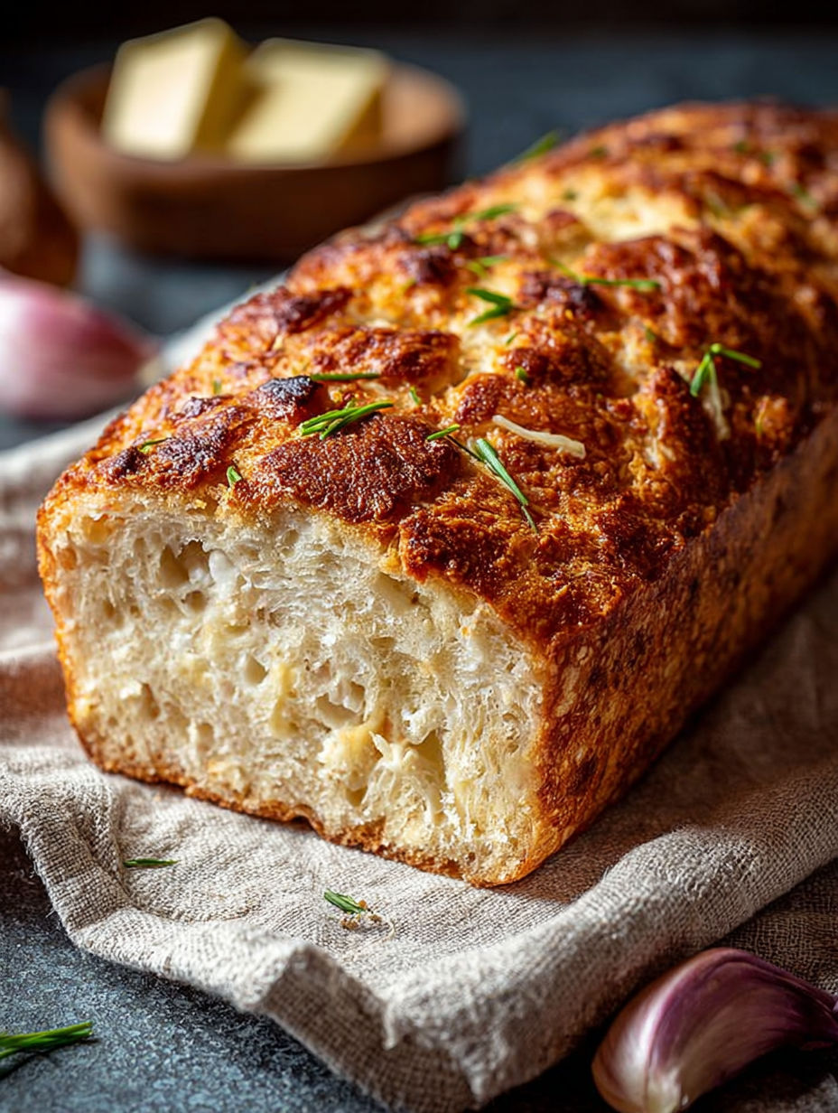 Une baguette de pain grillé avec des herbes sur un tissu.