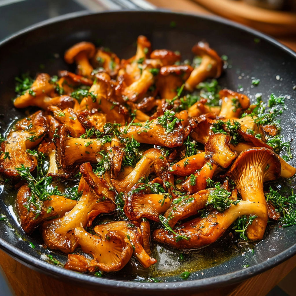 Une assiette de champignons sautees dans une sauce, accompagnee d'une herbe verte.