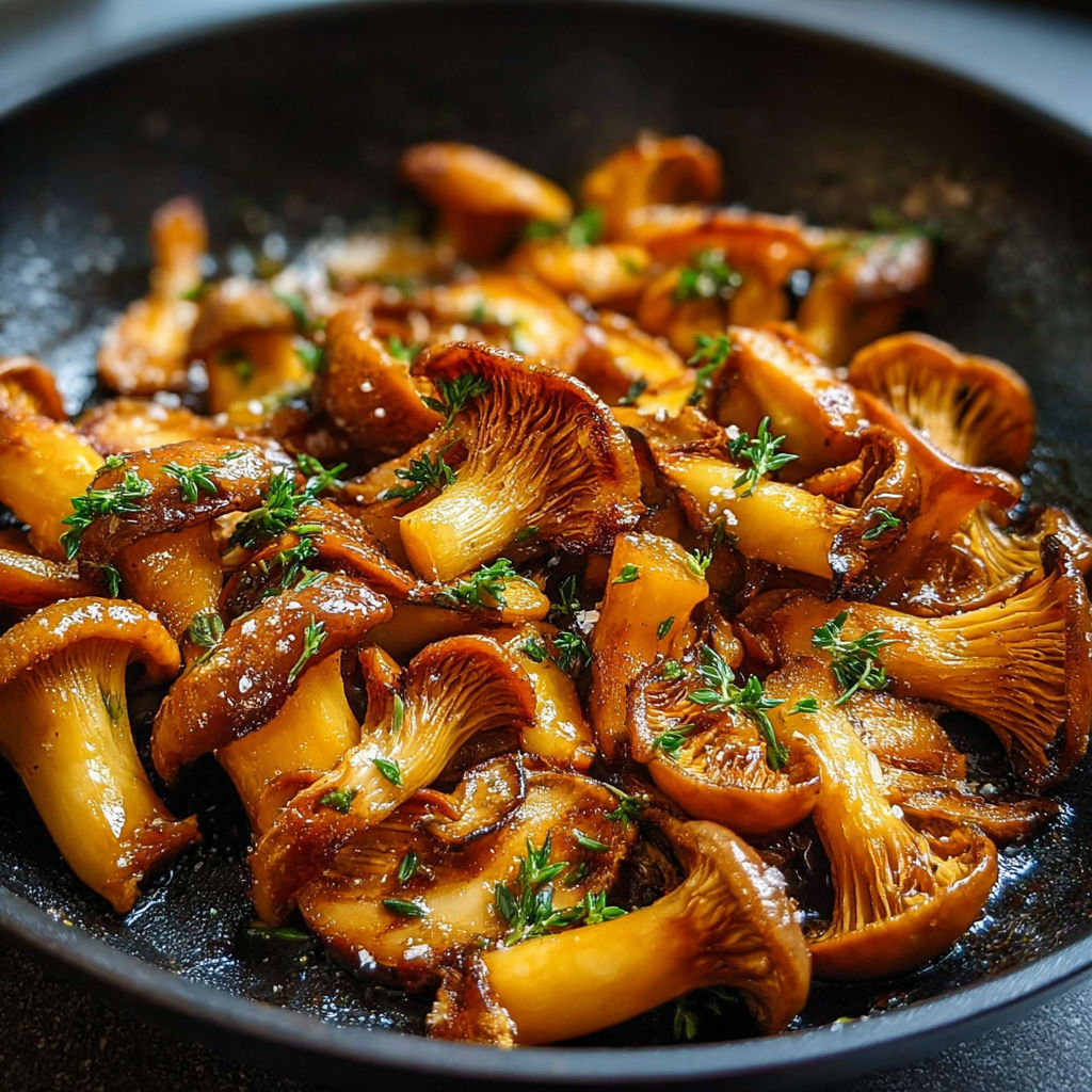 Une poêle noire contenant des champignons sautés avec des herbes et des épices.