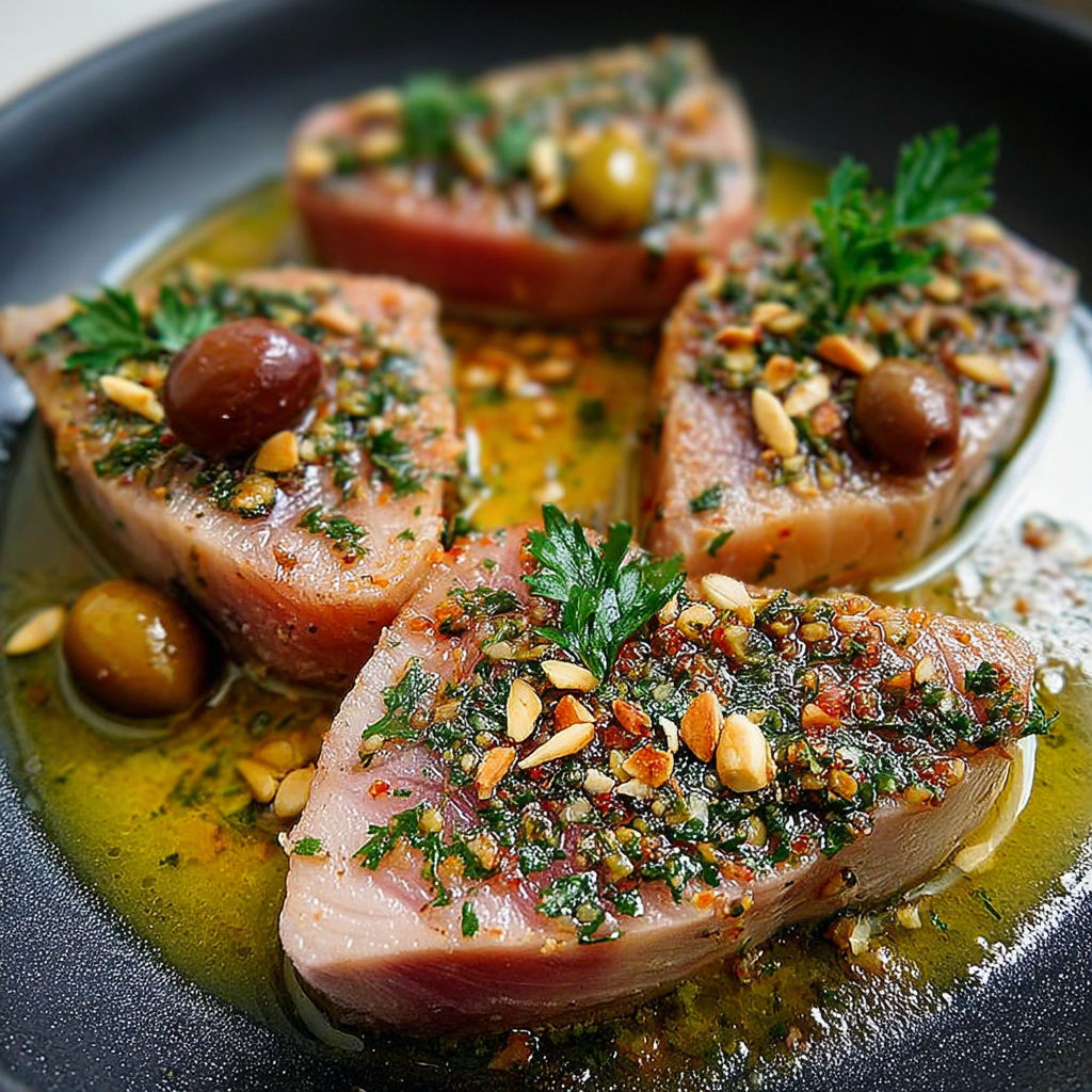 Tonno alle olive: des morceaux de tonno avec des olives et des herbes, servis dans un bol.