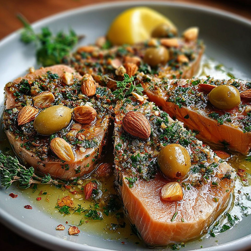 Une salade de saumon grillé avec des olives et des herbes.