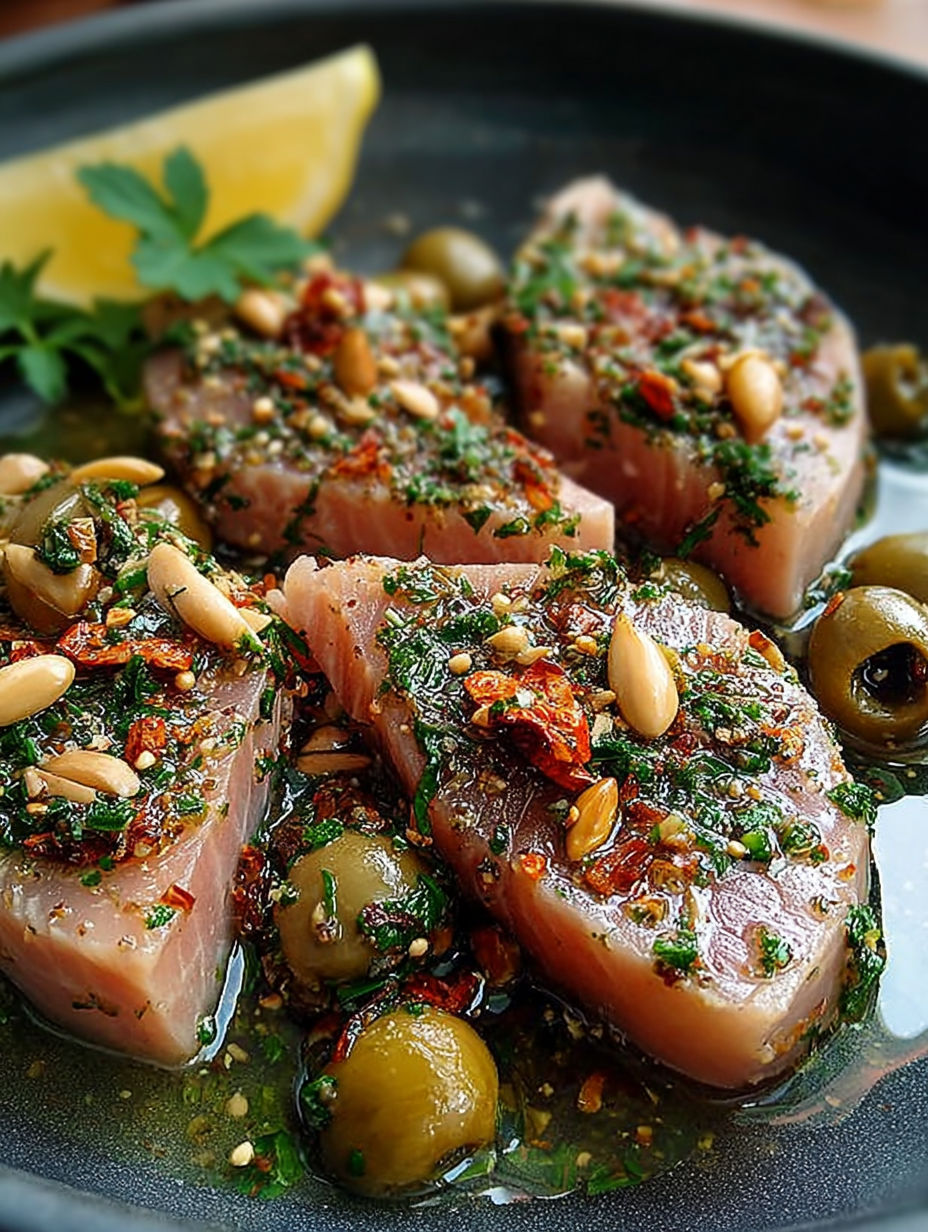 Délicieux poissons grillés avec des olives et des noix, accompagnés d'une sauce savoureuse. Une recette de poissons grillés à l'olive et aux noix.