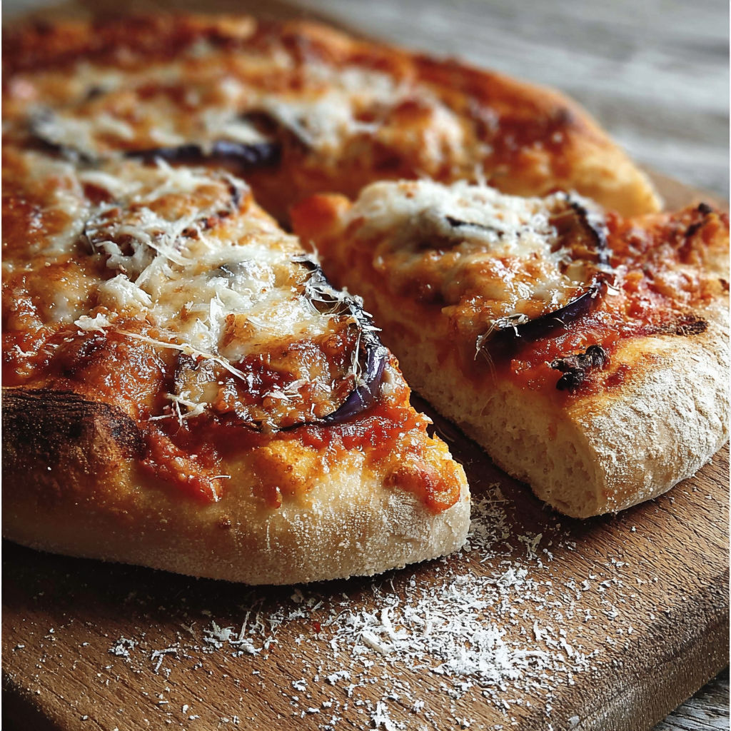 Une pizza gustosa et parmigiana, avec des baci, est servie sur un plateau.