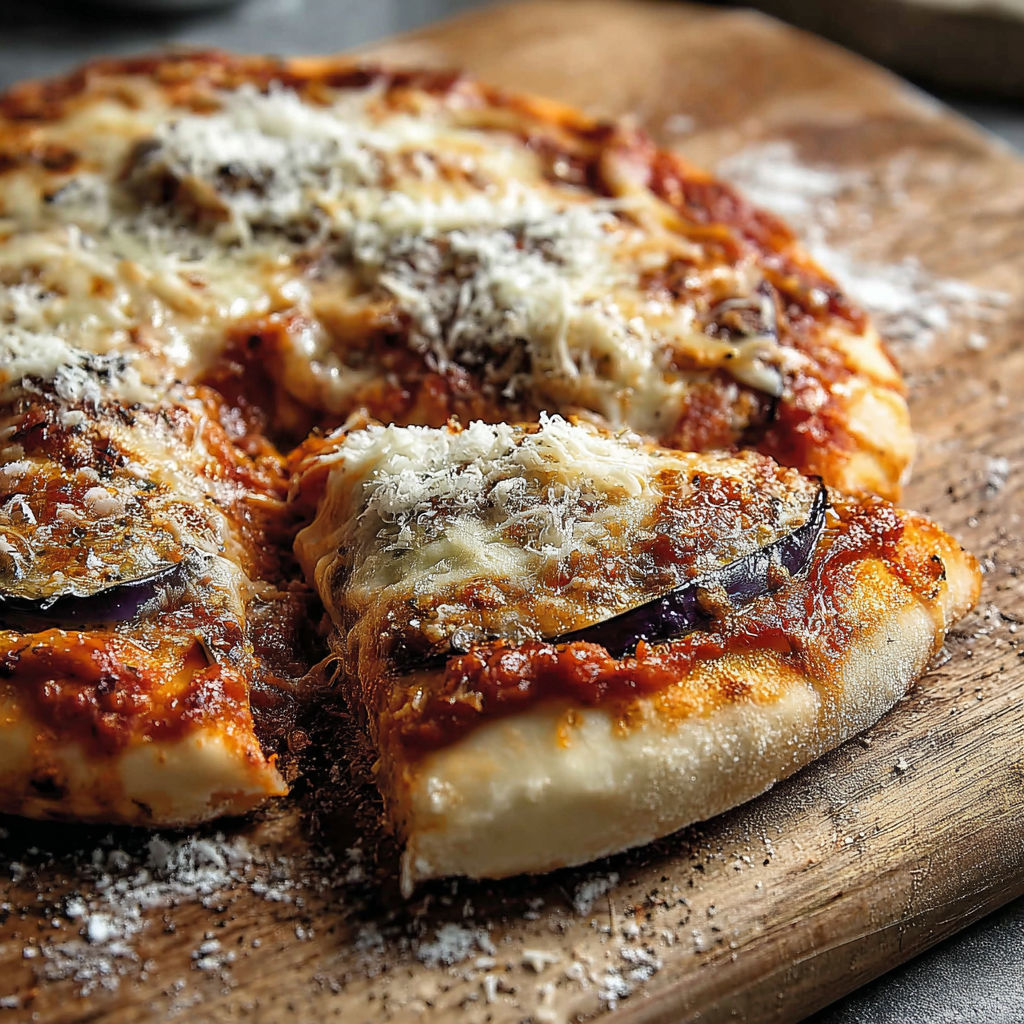 Une pizza parmigiana gustosa baciata sur un plateau de bois.