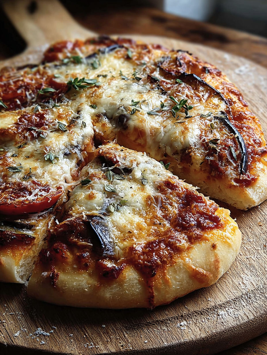 Une pizza Parmigiana gustosa baciata sur un plateau de bois.