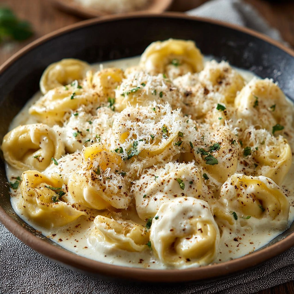 Une recette de Tortellini alla panna est servie dans un bol.