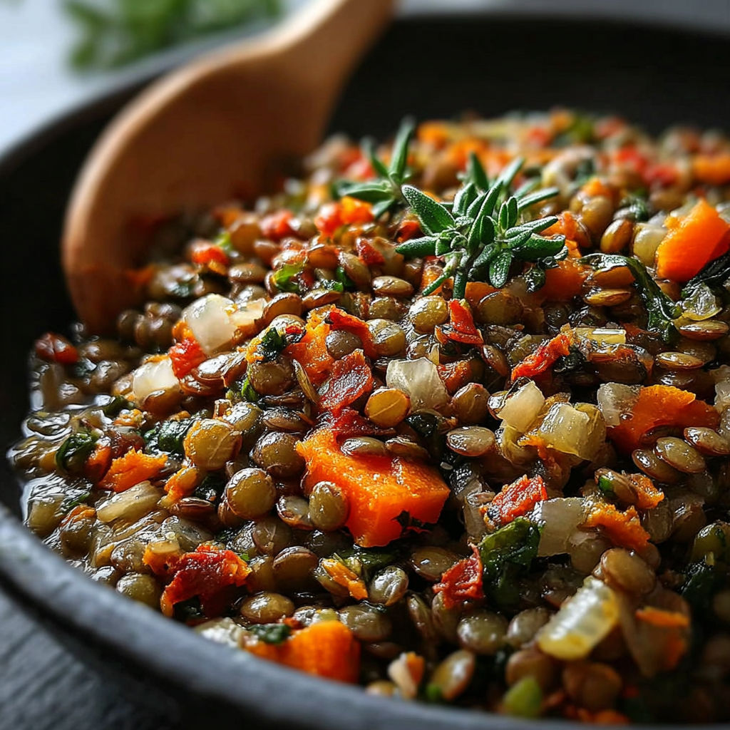 Umido di lenticchie est un plat de lentilles et légumes colorés, servies dans un bol.