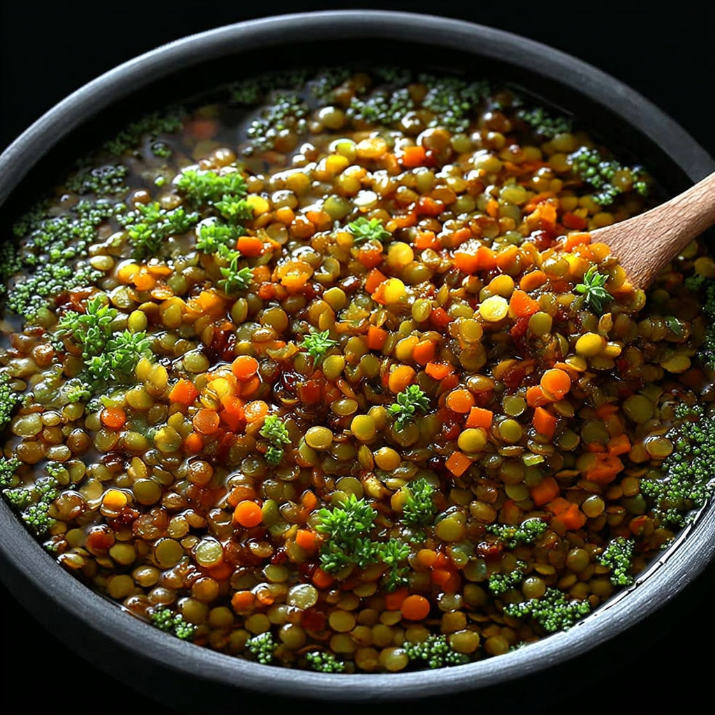 Une casserole de lentilles et légumes colorés dans un bol noir.