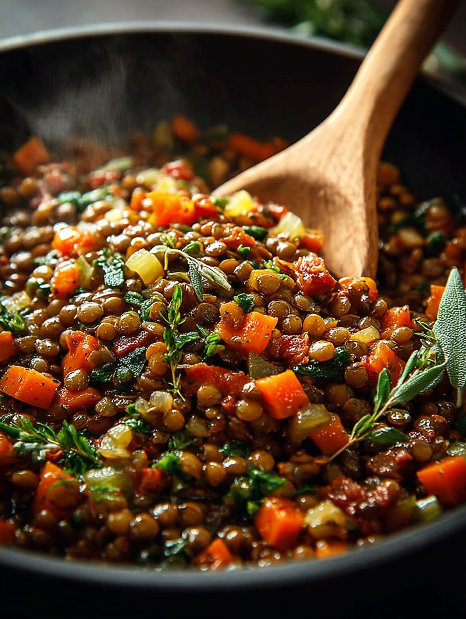 Une recette de lentilles et légumes, servie dans un bol.