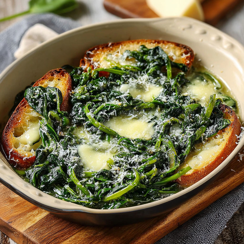 Une recette de Fontina con spinaci, avec des tranches de pain grillé et des feuilles de spinaci.