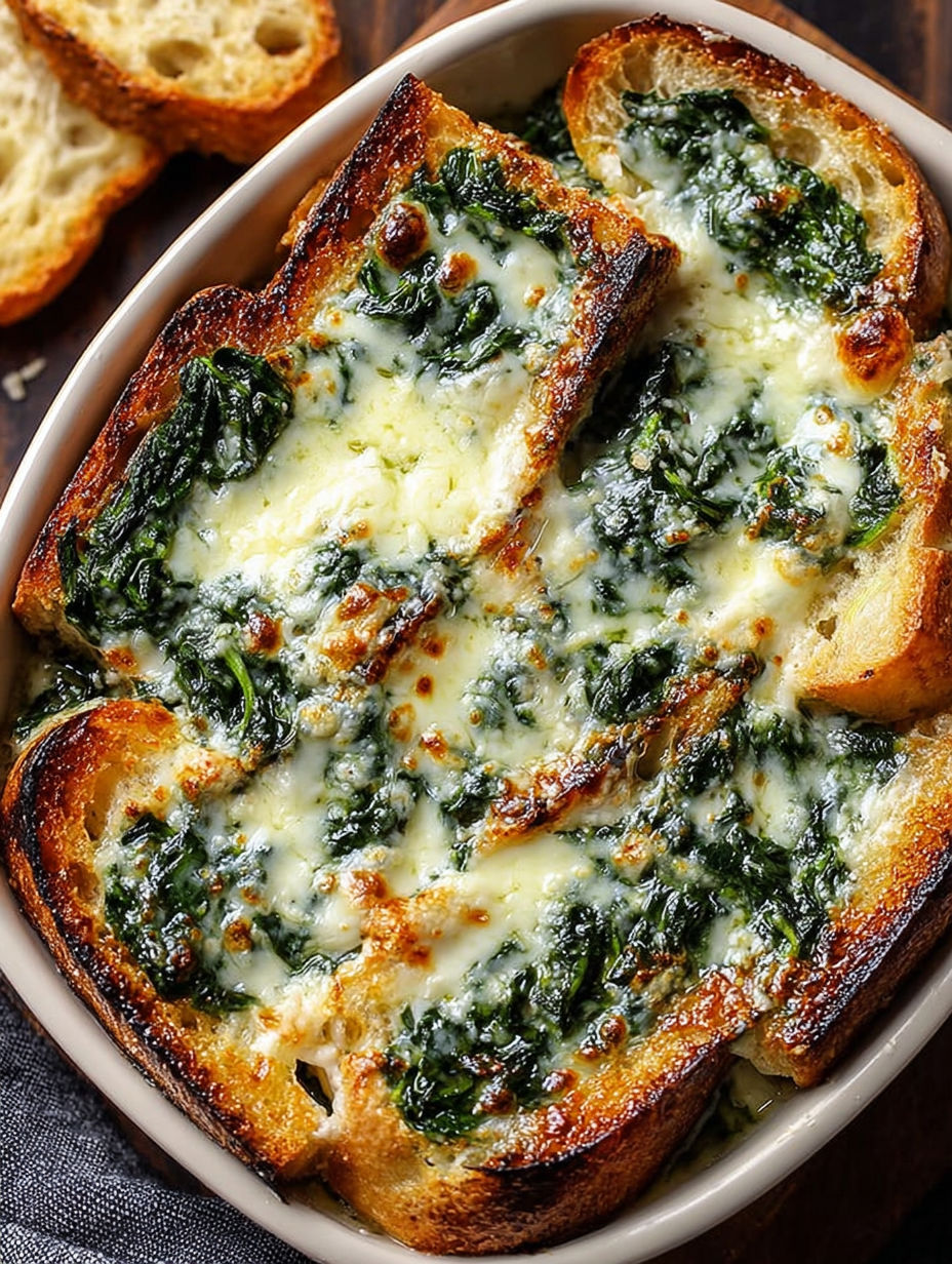 Une recette de quiche aux herbes, avec des tranches de pain grillé et des feuilles de spinach.