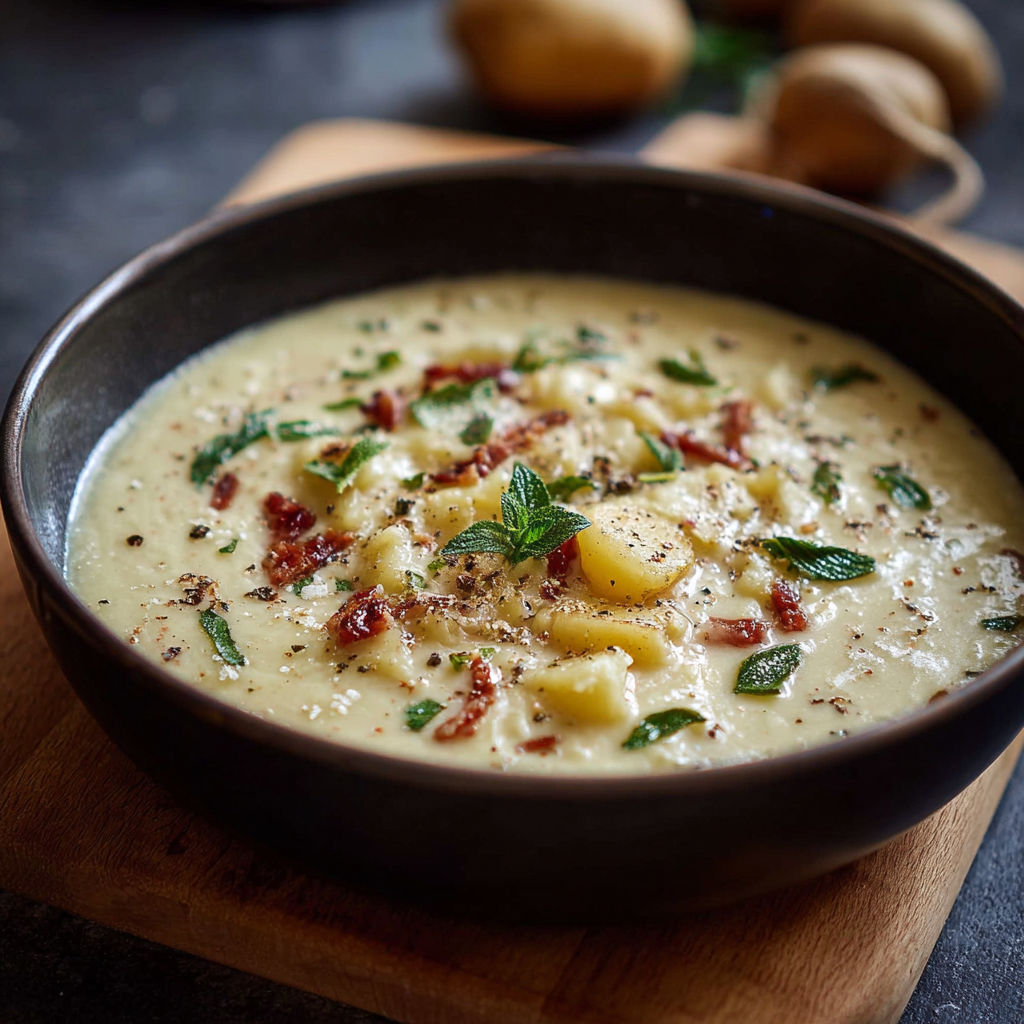 Une soupe de pommes de terre et bacon dans un bol.