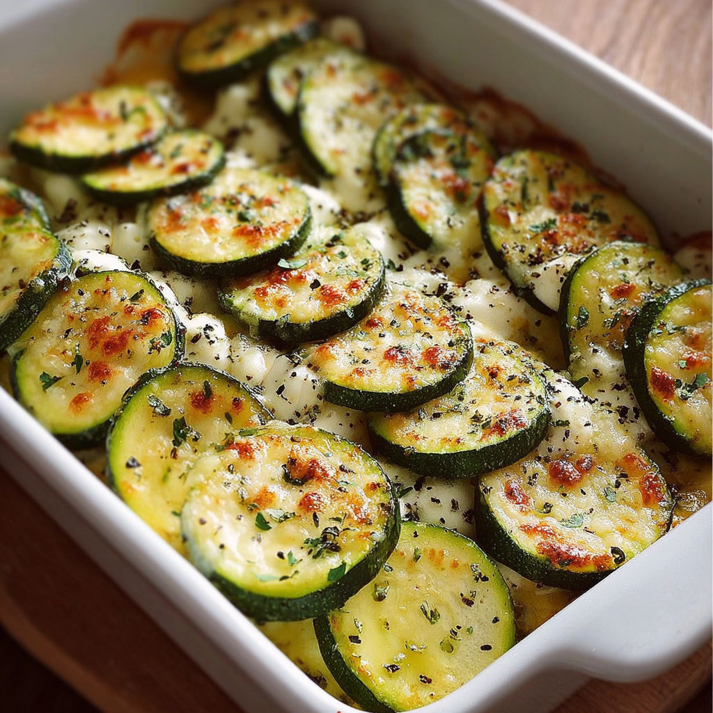 Une recette de casserole de courgettes et de fromage, servie dans un bol blanc.