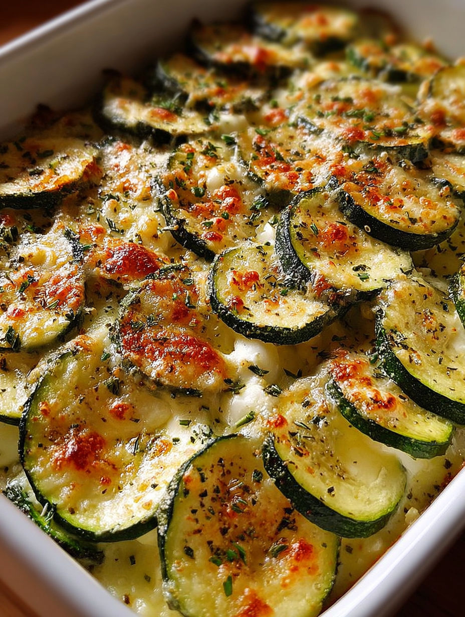 Une recette de casserole de courgettes et macaroni, avec des herbes et des tomates, est servie dans un bol blanc.