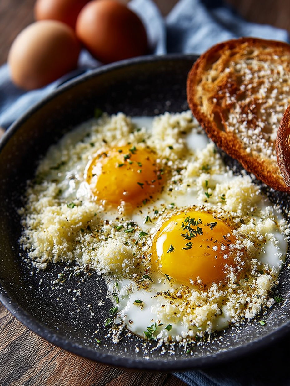 Une omelette aux herbes, accompagnée d'un pain grillé, est servie sur un plateau.