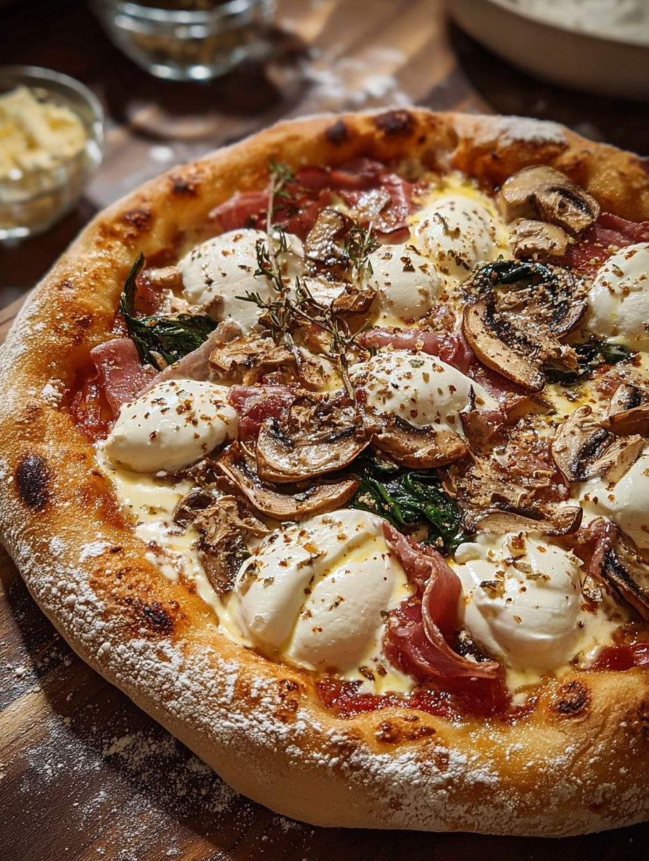 Une pizza maison avec des champignons, des herbes et des fromages.