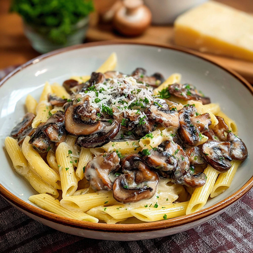 Une plate de spaghetti à la sauce tomate avec des champignons et des herbes.