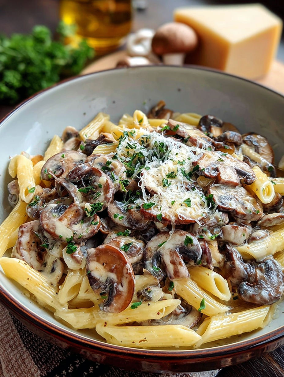 Une recette de Penne à la sauce tomate et champignons, avec des herbes fraîches pour garnir.
