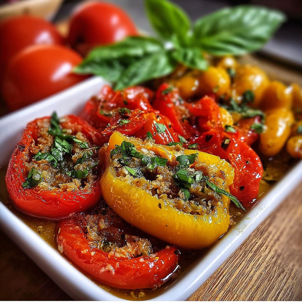 Une assiette de tonno nei Peperoni, avec des herbes fraîches et des feuilles de basilic, est servie sur une table de cuisine.