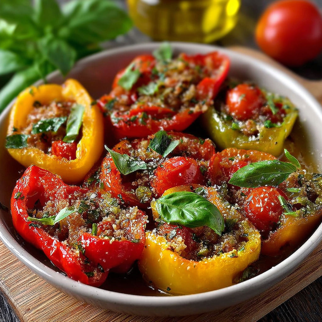Une salade de tomates et de basilic, avec une sauce au pesto, dans un bol sur une table.