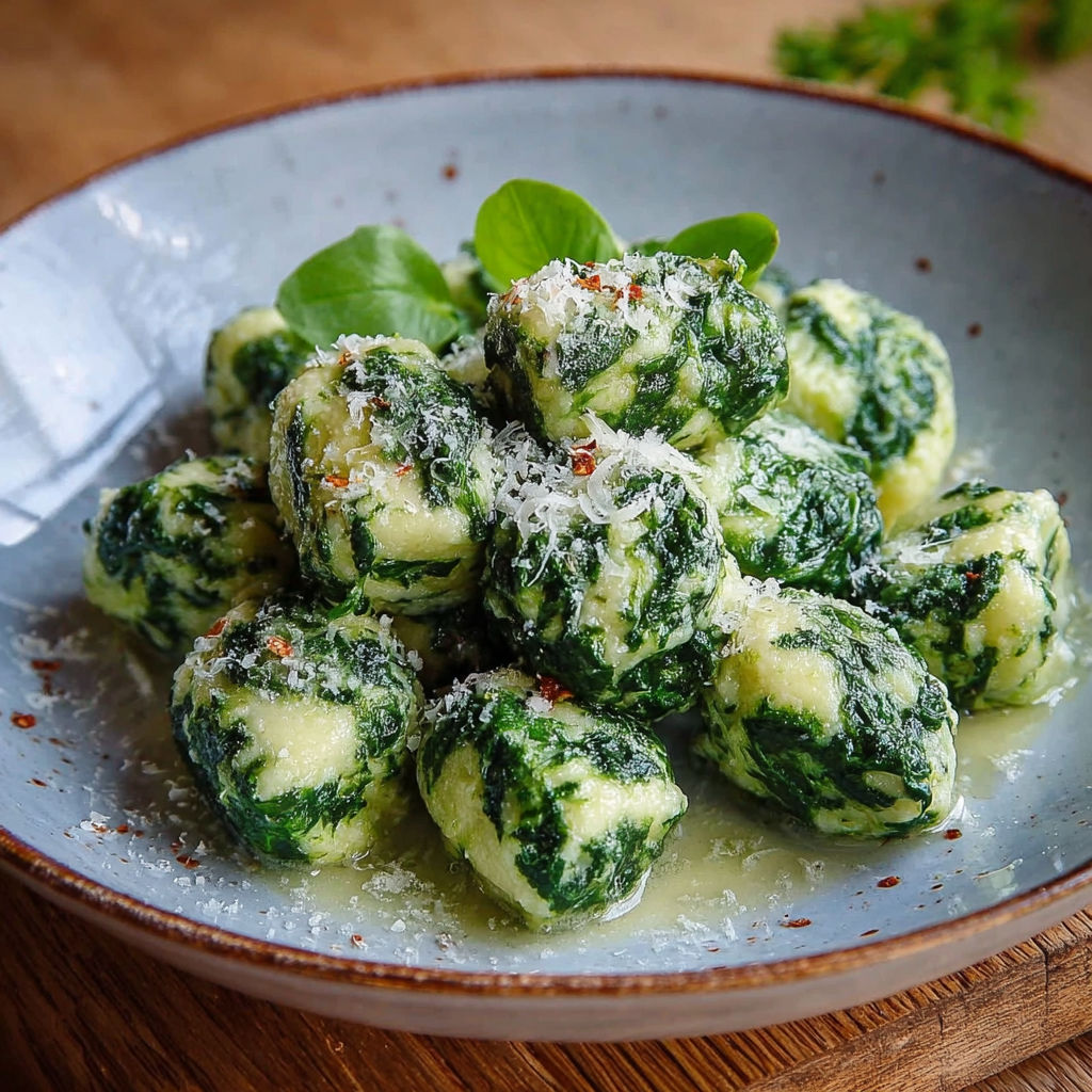 Une assiette de gnocchi con ricotta spinaci, avec des herbes et des épices pour ajouter de la saveur.