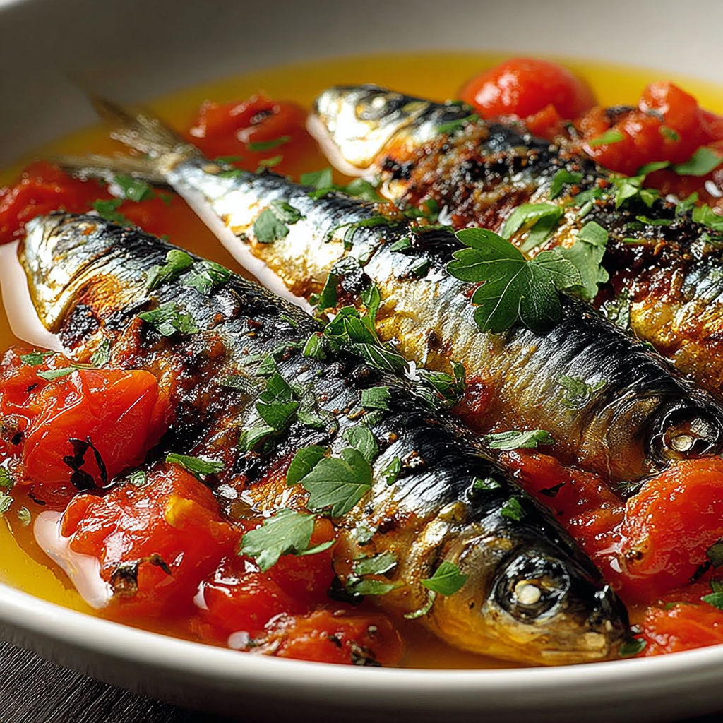 Un bouquet de sardines à la méditerranée, garnies de tomates et d'herbes fraîches, dans un bol en porcelaine.