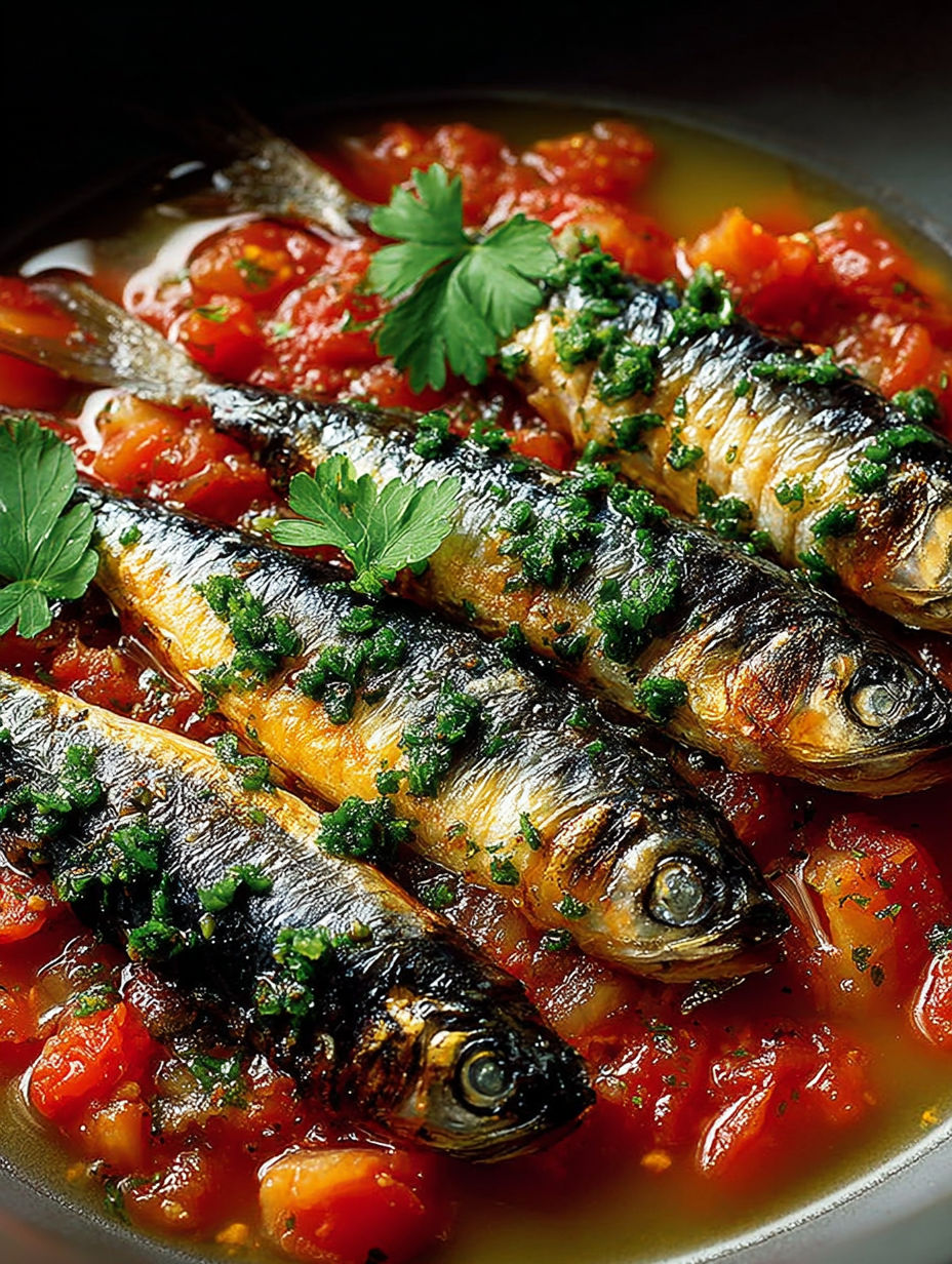 Sardines à la tomate" - une recette de sardines farcies avec une sauce tomate et des herbes fraîches.