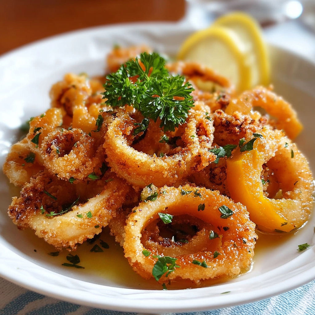Une assiette de calamars et de zuccas, garnis d'une herbe verte, est servie sur un plateau.