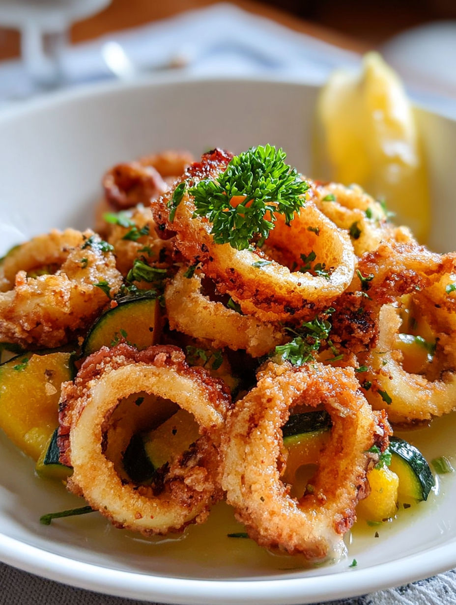 Une assiette de friture de calamar et de courgette, accompagnée d'une sauce au citron.