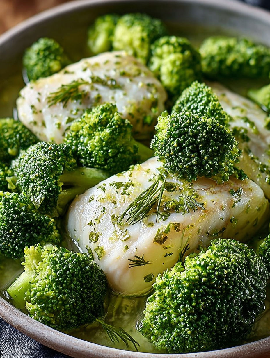 Une filette de poisson avec des broccolis et des herbes.
