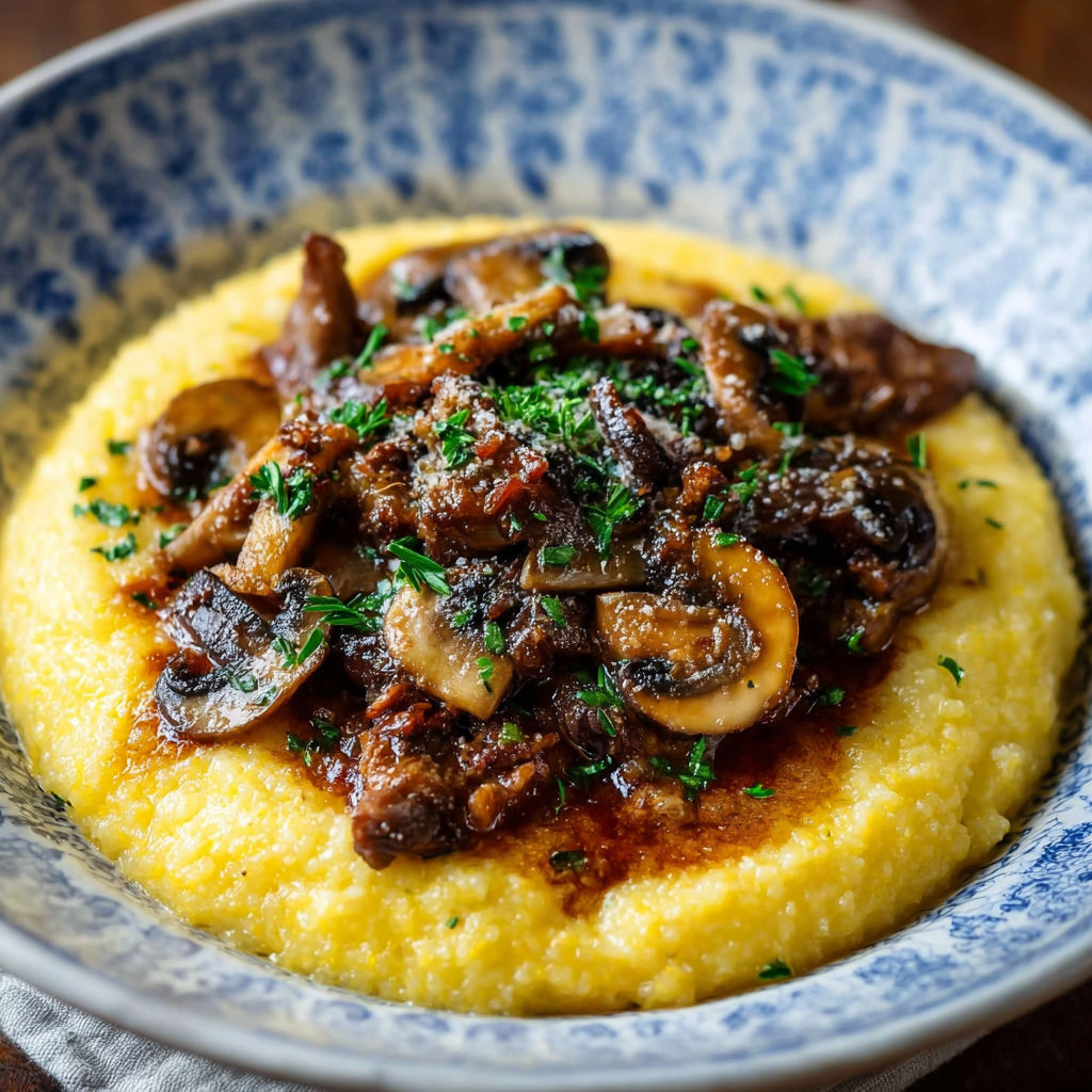 Une pâte de pommes de terre est servie avec des champignons et des herbes.