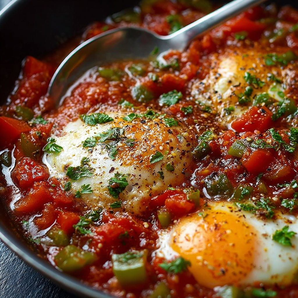 Une poêlée de pomodoro avec des oeufs et des épices.