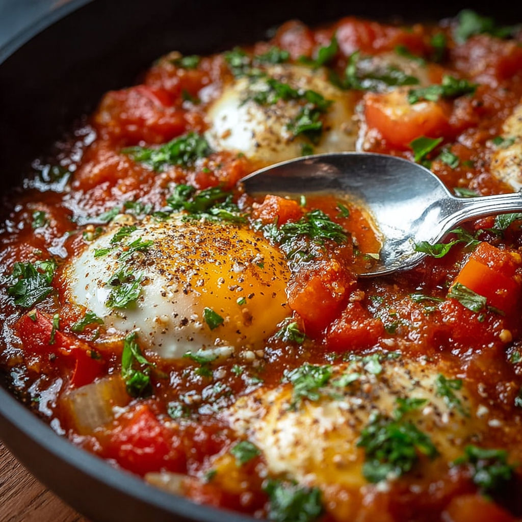 Une recette de casserole avec des oeufs, des tomates et des herbes.