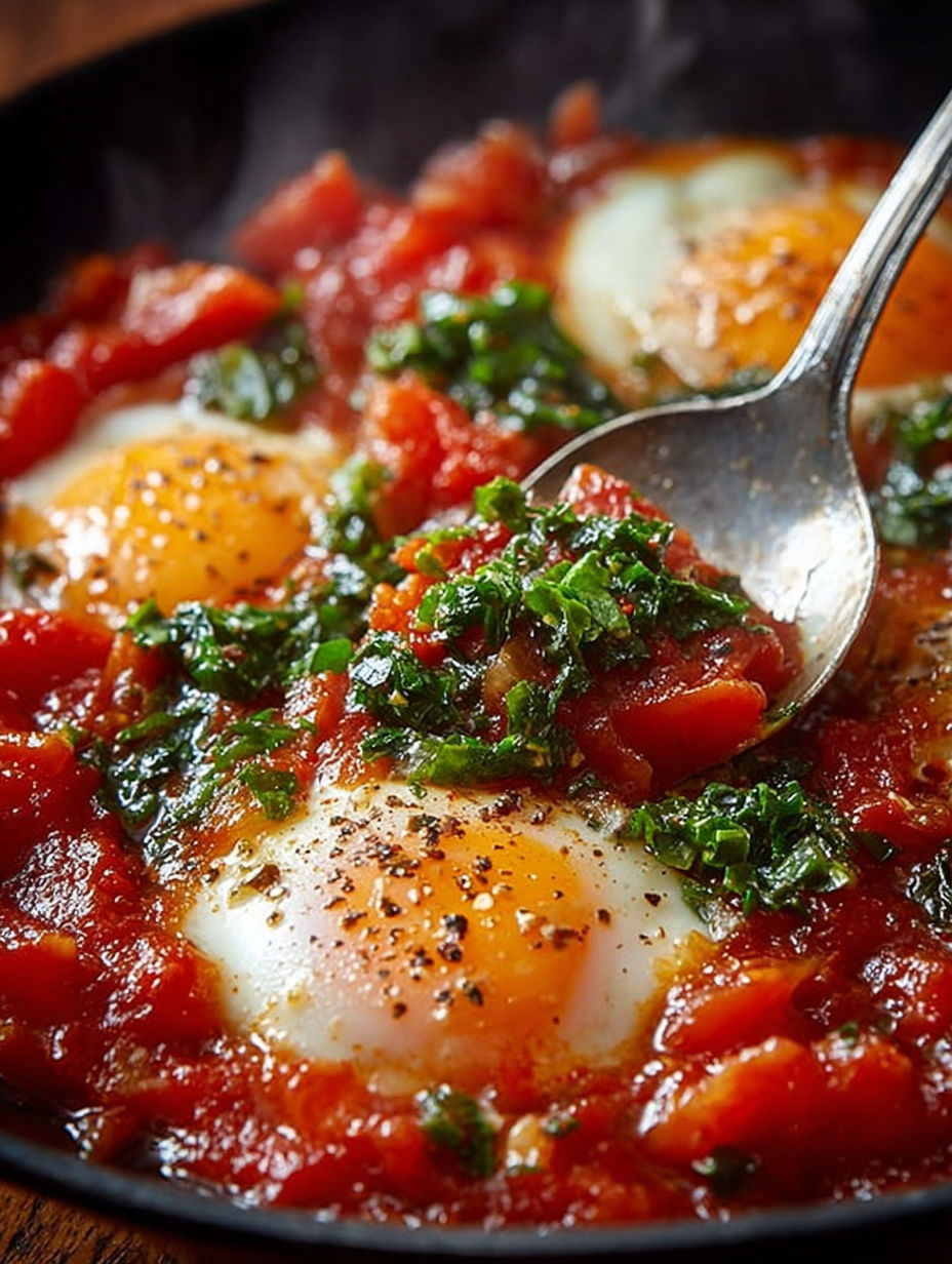 Une recette de sauce tomate avec des oeufs et des herbes.