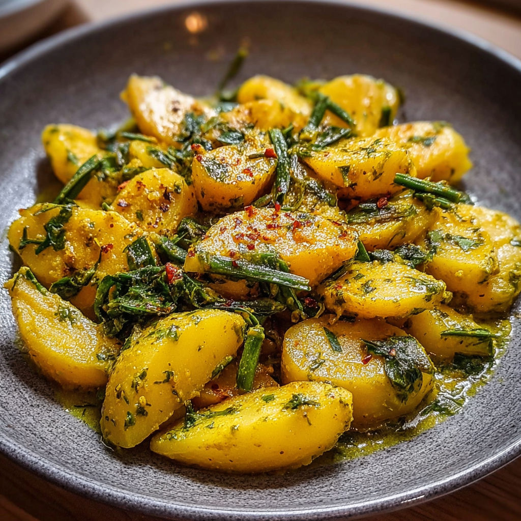 Une assiette de fagiolini patate al curry, avec des herbes vertes et des épices, est servie sur une table.